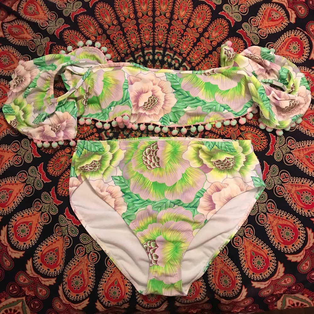 Boohoo Neon Green and Purple Flower Pom Pom Bikini